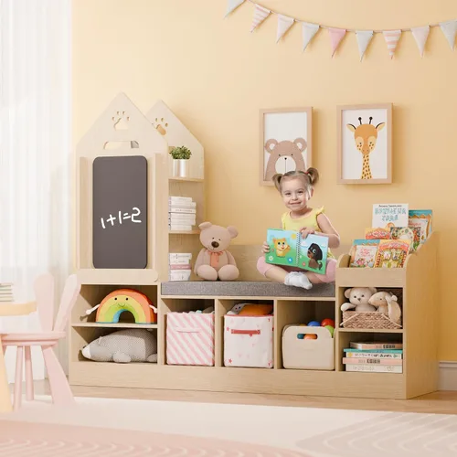 Miniatura 6 de MU Estantería para niños con rincón de lectura, organizador de almacenamiento de juguetes de madera con pizarra y banco, rincón de lectura