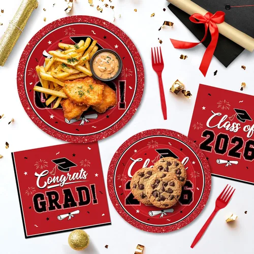 Miniatura 7 de QZYL Juego de 200 suministros de graduación 2026, platos de graduación rojos, servilletas, platos de postre y tenedores de plástico para 50