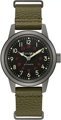 Bulova Men's Military Heritage Hack Stainless Steel 3-Hand Automatic Watch, NATO Leather Strap, Luminous Hands and Markers