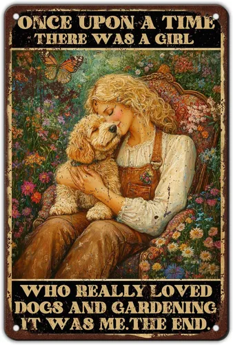 Miniatura 55 de Cartel de metal vintage con texto en inglés "Girl and She Lived Happily Ever After Dog" (Poodle Girl and She Lived Happily Ever After Dog), letrero