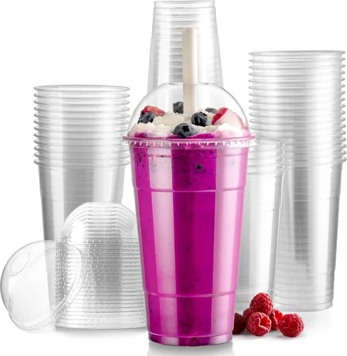 Fit Meal Prep Paquete de 100 tazas de café de plástico desechables de 24 onzas con tapas de cúpula, tazas de café helado con tapas, tazas de parfait