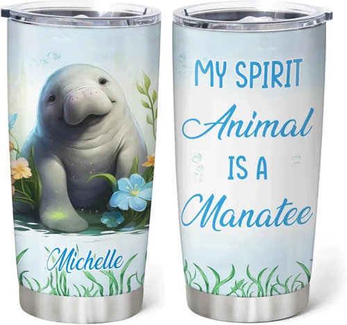 Hyturtle Regalos personalizados para amantes de los manatíes, vaso de acero inoxidable con nombre personalizado de 20 onzas con tapa, idea de lindos