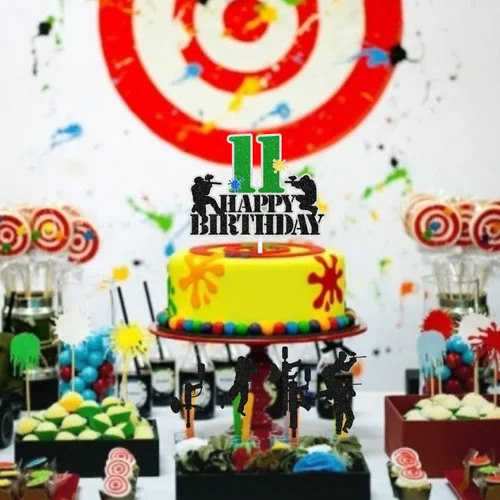 Miniatura 5 de Paintball - Juego de 7 decoraciones para tartas de cumpleaños para niños de 11 años, decoración de juego de disparos con temática de disparos