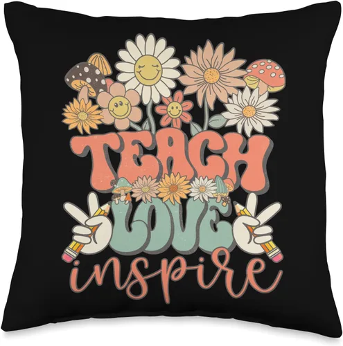 Groovy Hippie Teacher Gifts First Day Of School Teach Love Inspire - Cojín retro Groovy Daisy para profesor, 16 x 16 pulgadas, multicolor