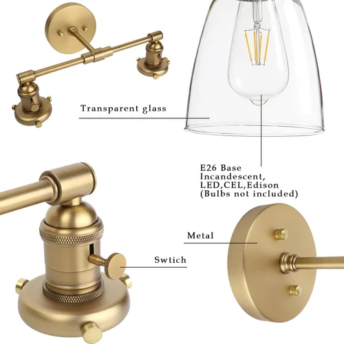 Miniatura 8 de Phansthy Apliques de pared industriales retro de 2 luces, lámpara de tocador de baño, lámpara de pared con doble pantalla de vidrio transparente