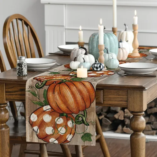 Miniatura 3 de Artoid Mode Camino de mesa de otoño de madera de vid de 210 GSM, diseño de lunares, decoración de mesa de comedor de cocina de otoño para decoración