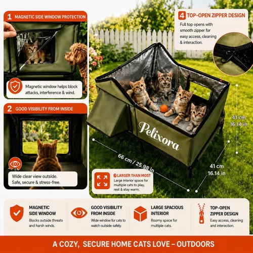 Miniatura 6 de Casa climatizada para gatos para exteriores, refugio de invierno aislado a la intemperie con base elevada y ventana transparente, puerta de escape