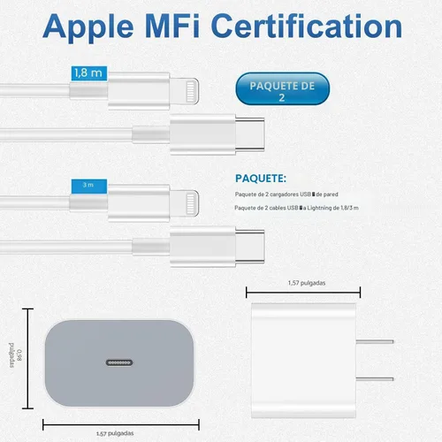 Miniatura 6 de Cargador de iPhone de carga rápida, paquete de 2 bloques de carga de pared tipo C con 2 unidades [6 pies y 10 pies] cable USB C a Lightning