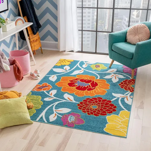 Miniatura 13 de Felpudo pequeño de Well Woven para habitación infantil, cocina. Suave y duradero de estilo moderno, diseño Daisy Flowers, con detalles en azul.