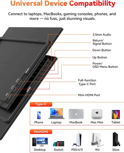 Miniatura 4 de HotYeah Monitor portátil, 15.6 pulgadas 1080P FHD monitor para laptop USB-C HDMI pantalla externa de computadora HDR FreeSync IPS con soporte
