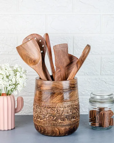 Miniatura 3 de Mie Creations Soporte grande rústico de 7 pulgadas para encimera de cocina, organizador de espátula de cocina de madera para fiestas, organizador