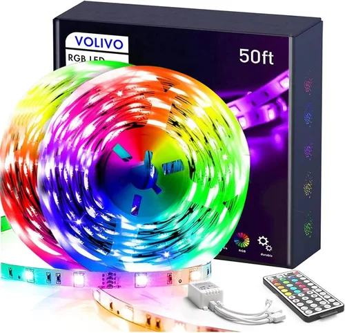 VOLIVO Tiras de Luces LED de 50 Pies, Kit de Tiras de Luces LED que Cambian de Color con Control Remoto IR de 44 Teclas, Iluminación para