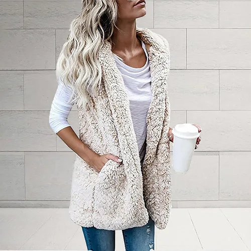 Miniatura 2 de Cárdigan largo con capucha para mujer, forro polar, bolsillo sólido, frente abierto, chaleco cómodo y elegante con capucha