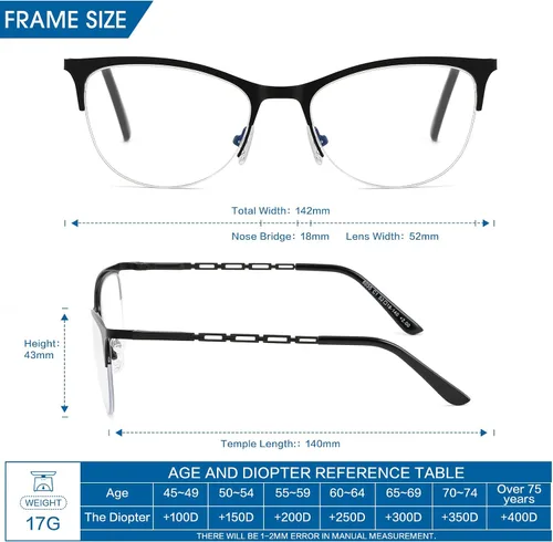 Miniatura 6 de Gafas de lectura multifocales para mujer, progresivas multifocales, luz azul, lector de computadora, ojo de gato, metal, medio marco, sin línea