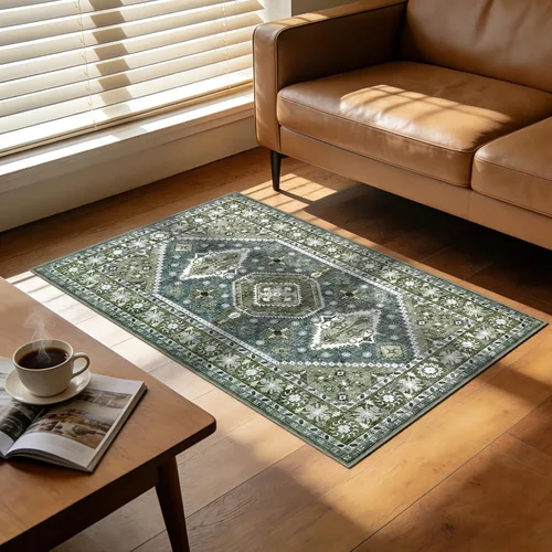 Alfombra bohemia lavable de 2 x 3 pulgadas, color verde oscuro, azul, vintage, envejecida, para sala de estar o dormitorio, resistente a las manchas