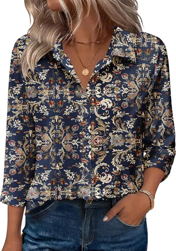 Miniatura 22 de Zeagoo Camisas con botones para mujer, manga 3/4, cuello en V, blusas con cuello en V, trajes casuales de negocios