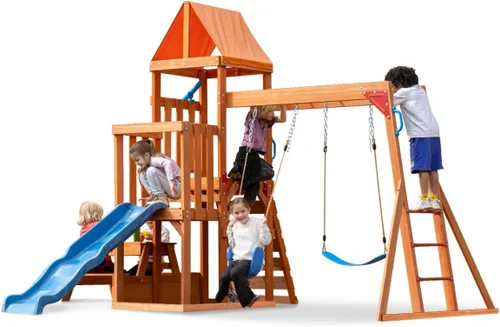 Miniatura 9 de Conjuntos de columpios de madera Dolphin Playground para el patio trasero con tobogán de 1.83 m, juego al aire libre para niños con fosa de arena