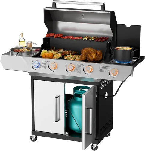 Miniatura 10 de SKOK Parrilla de gas propano de 4 quemadores con quemadores laterales y traseros infrarrojos, parrilla de barbacoa al aire libre con rejillas
