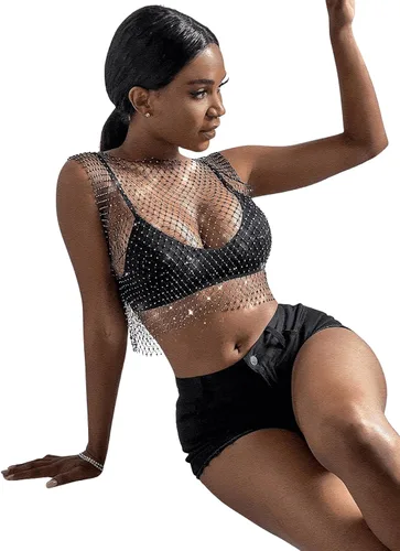 Miniatura 4 de SweatyRocks Camiseta sin mangas sexy de malla con diamantes de imitación para mujer