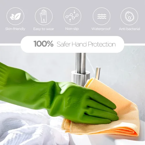 Miniatura 7 de Guantes para lavar platos 2 pares para cocina, guantes de limpieza de goma, guantes largos para lavar platos reutilizables. Verde