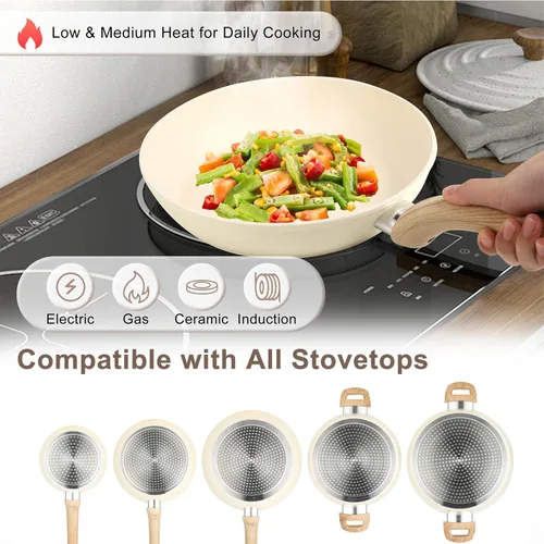 Miniatura 3 de FAB&DELUXE Juego de 11 piezas de utensilios de cocina antiadherentes, ollas y sartenes antiadherentes de aluminio con tapas y asas de madera, Caqui