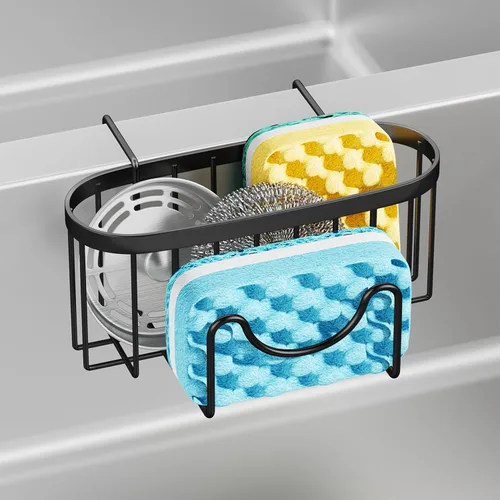 Miniatura 17 de HapiRm Organizador de esponja multifuncional con forma única en M, 2 métodos de instalación, organizador de fregadero de cocina, organizador