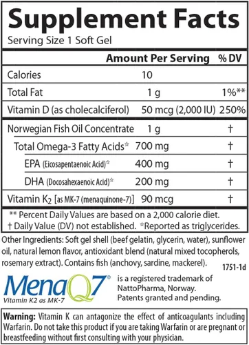 Miniatura 4 de Carlson - Elite Omega-3 Plus D & K, 700 mg Omega-3s + D3 y K2, función, salud ósea y apoyo inmunológico, limón, 60 cápsulas blandas