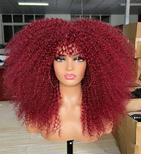 Miniatura 12 de Sweece - Peluca afro larga y rizada con flequillo para mujeres negras, peluca de cabello rizado de 17 pulgadas (17 pulgadas, negro)