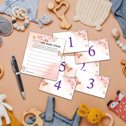Miniatura 3 de Find The Baby Food Party Games, juego de mariposa para baby shower (1 letrero de pie + 20 tarjetas de respuesta + 6 tarjetas de números), color rosa