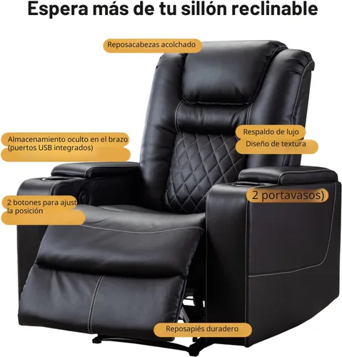 Miniatura 6 de CANMOV Silla reclinable eléctrica con puertos USB y portavasos, asiento de cine en casa de cuero transpirable con almacenamiento oculto en el brazo