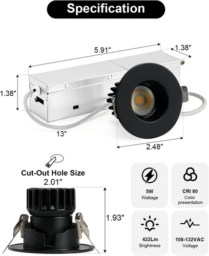 Miniatura 2 de ZYC Iluminación LED empotrable pequeña de 2 pulgadas, paquete de 6 unidades, cardán empotrado negro sin lata, foco giratorio limitado, regulable, 5