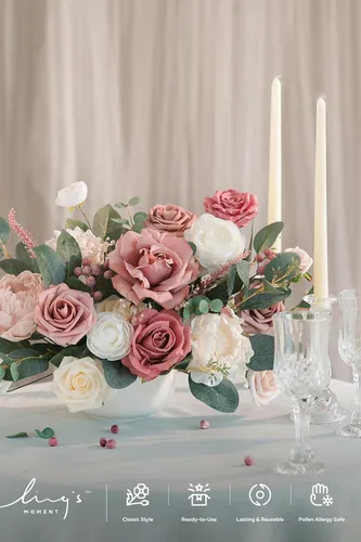 Miniatura 2 de Ling's moment Caja de Flores Falsas, Tallos de Vegetación Artificial Falsa, Rosas de Espuma, Peonías de Seda con Bayas, Eucalipto, Flor de Tela