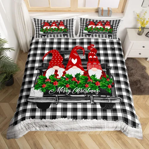 Miniatura 15 de Juego de funda de edredón para niños con diseño de Navidad, tamaño individual, camiones rojos y árboles de pino con copos de nieve, decoración