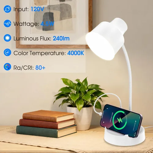 Miniatura 5 de Lámpara de escritorio LED Energetic con soporte para teléfono, lámpara de mesa con toma de corriente, cuello de cisne flexible ajustable, 4000K, luz