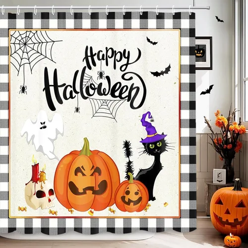 Miniatura 9 de MEHOFOND Cortina de ducha de murciélagos espeluznantes para Halloween, diseño de murciélago volador, cortina de baño decorativa de Halloween