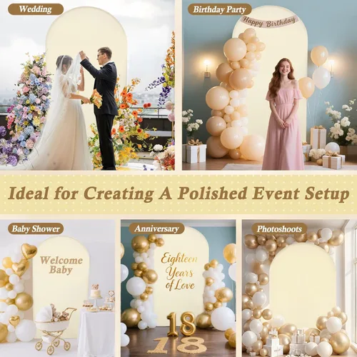 Miniatura 5 de Cubierta de fondo de arco de 7.2 pies, cubierta de arco de elastano beige, cubierta de soporte elástica con herramientas de atar globos para boda
