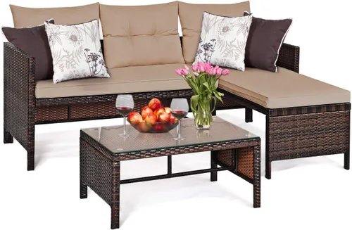 Tangkula juego de sofá de esquina para patio de 3 piezas, juego de sofá de ratán para exteriores, incluye chaise lounge, sofá doble y mesa auxiliar,