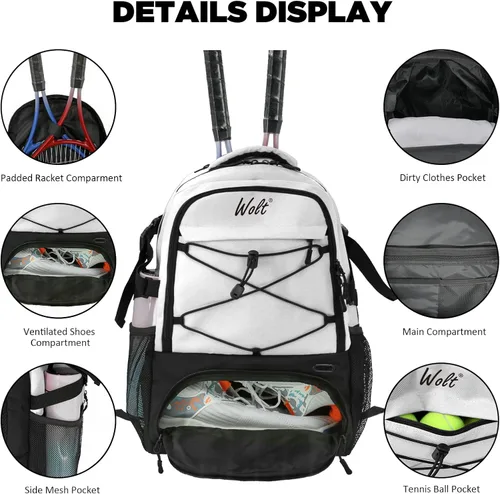 Miniatura 4 de Mochila para raqueta de tenis WOLT - Mochila grande para raqueta de tenis para hombres y mujeres - Compartimento ventilado para zapatos - Capacidad