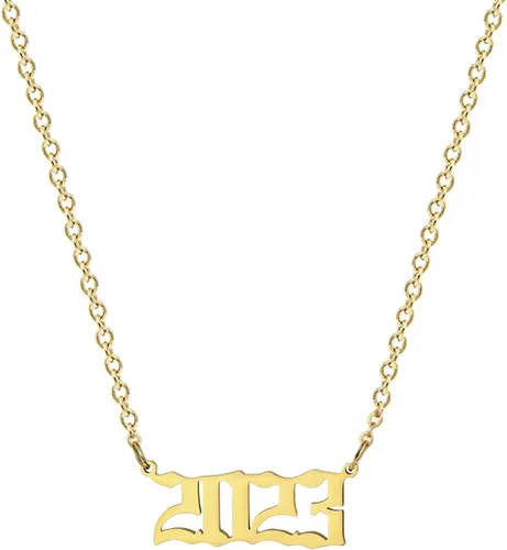 Collar de acero inoxidable chapado en oro de 18 quilates con colgante de número de año de nacimiento y aniversario para mujeres y niñas