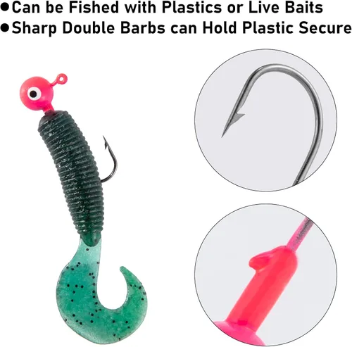 Miniatura 5 de Dr.Fish Paquete de 20 Cabezas de Jig de Pesca, Jig de Crappie Cabeza de Bola Redonda Anzuelos de Pesca de Agua Dulce Lubina Trucha Panfish Walleye