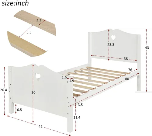 Miniatura 2 de MERITLINE Base de cama de plataforma de tamaño individual, cama de plataforma de madera maciza con cabecera y estribo, soporte de listones de madera