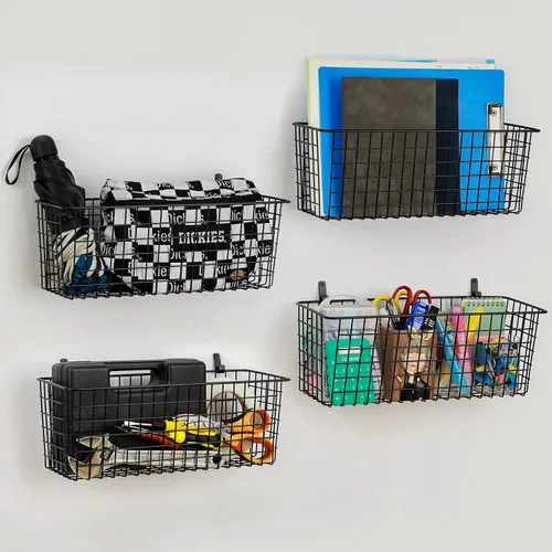 Miniatura 8 de 4 Juego [EXTRA GRANDE] Cestas de Almacenamiento Colgantes de Montaje en Pared con Ganchos Adhesivos y Ganchos de Acero, Cestas Organizadoras