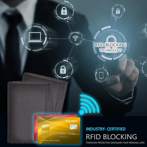 Miniatura 6 de Carteras RFID delgadas para hombre billetera triple con bolsillo frontal de cuero genuino Cartera RFID