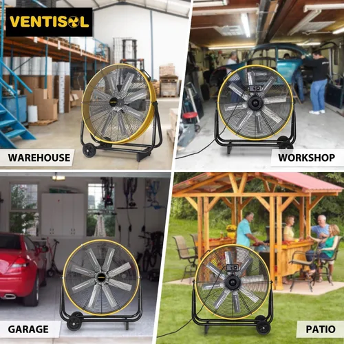 Miniatura 8 de VENTISOL Ventilador de tambor industrial de alta velocidad de 24 pulgadas, ventiladores de metal resistente, 8 cuchillas, 3 velocidades, 8600 CFM