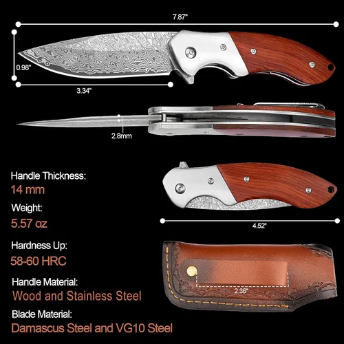 Miniatura 4 de KOMWERO Cuchillo de bolsillo de Damasco, cuchillo afilado de acero de damasco con núcleo VG10 de hoja de acero mango de madera, cuchillo plegable