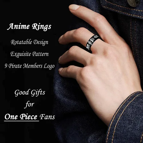 Miniatura 4 de Anillo de anime de una pieza para hombres y niños, anillo giratorio de acero inoxidable negro, sombrero de pajita, miembros de la tripulación
