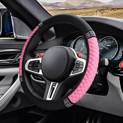 Miniatura 15 de ZIMISI Funda de volante de cuero suave con diamantes brillantes, protector de volante antideslizante de 15" con cristales brillantes para automóvil