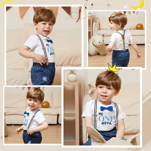 Miniatura 15 de Conjunto de ropa de cumpleaños para bebé niño pequeño, con tirantes, pantalones de mezclilla rasgados