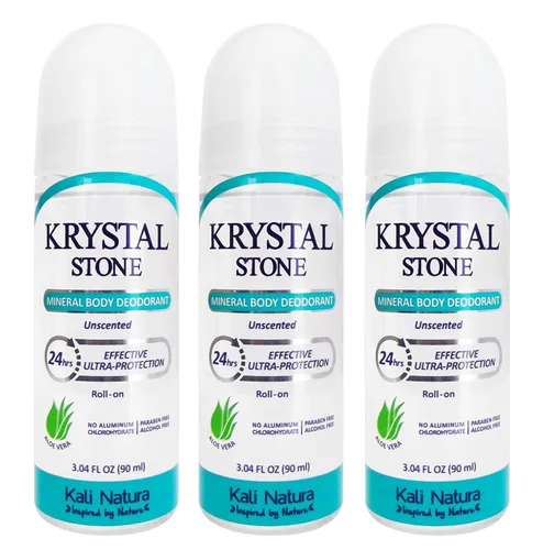 KRYSTAL STONE Desodorante Roll On Sales minerales naturales con aloe vera (paquete de 3) - Fórmula de belleza transparente y limpia - Sin fragancia