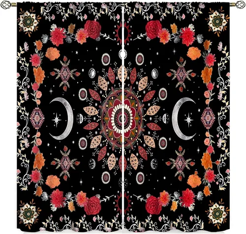 Cortinas bohemias de fases lunares con diseño de mandala rojo y negro, bohemio, floral, gótico, iluminado por la luna, juego de 2 paneles para Luna